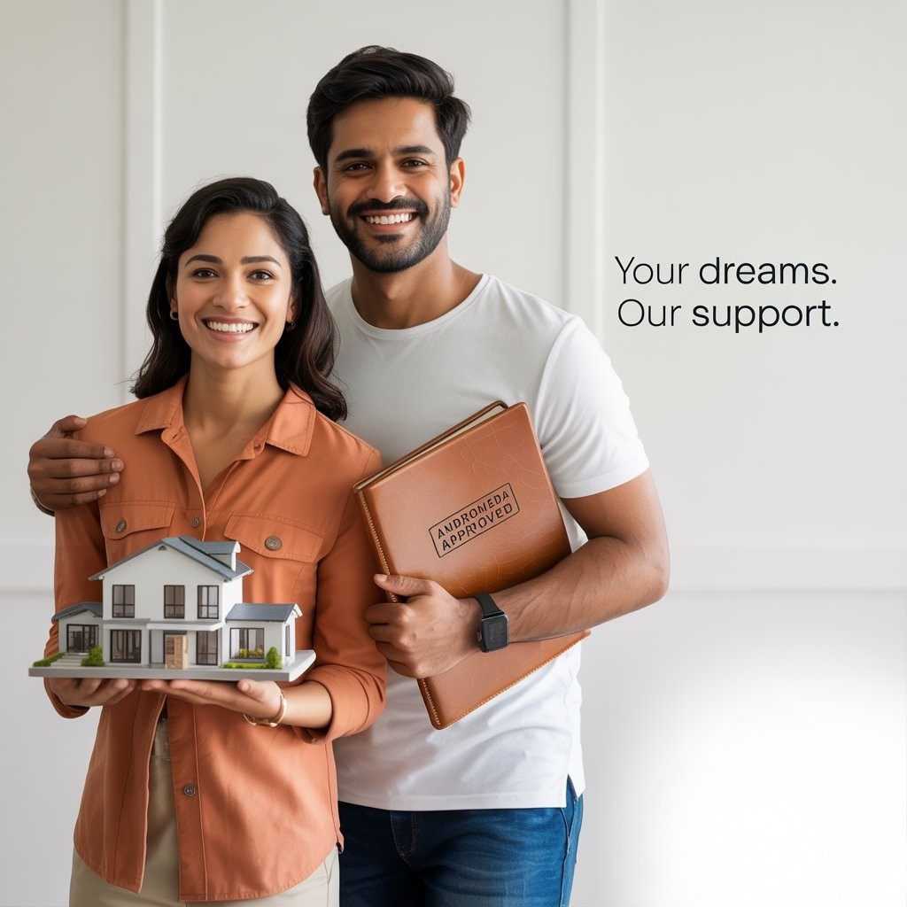 A smiling couple holding a house and loan file — happiness begins with a home loan from Loan Guru.